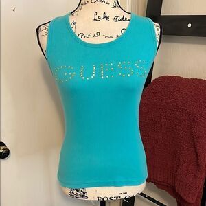 GUESS Y2K Blue Embellished Logo Pullover Tank Top 2000’s Feminine Casual